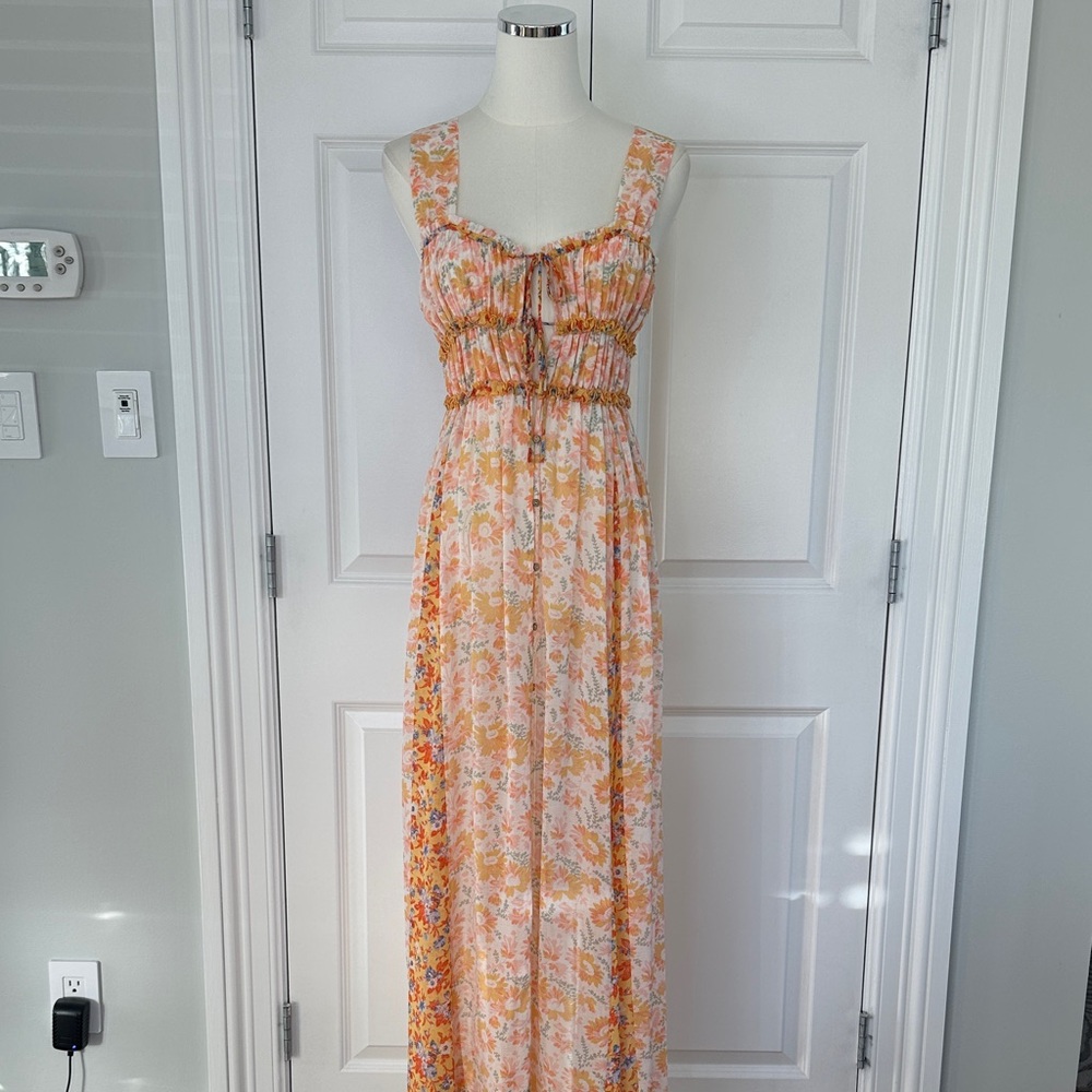 Free People Intimately Floral Orange Pink Ruched Beach Boho Maxi Dress Size XS